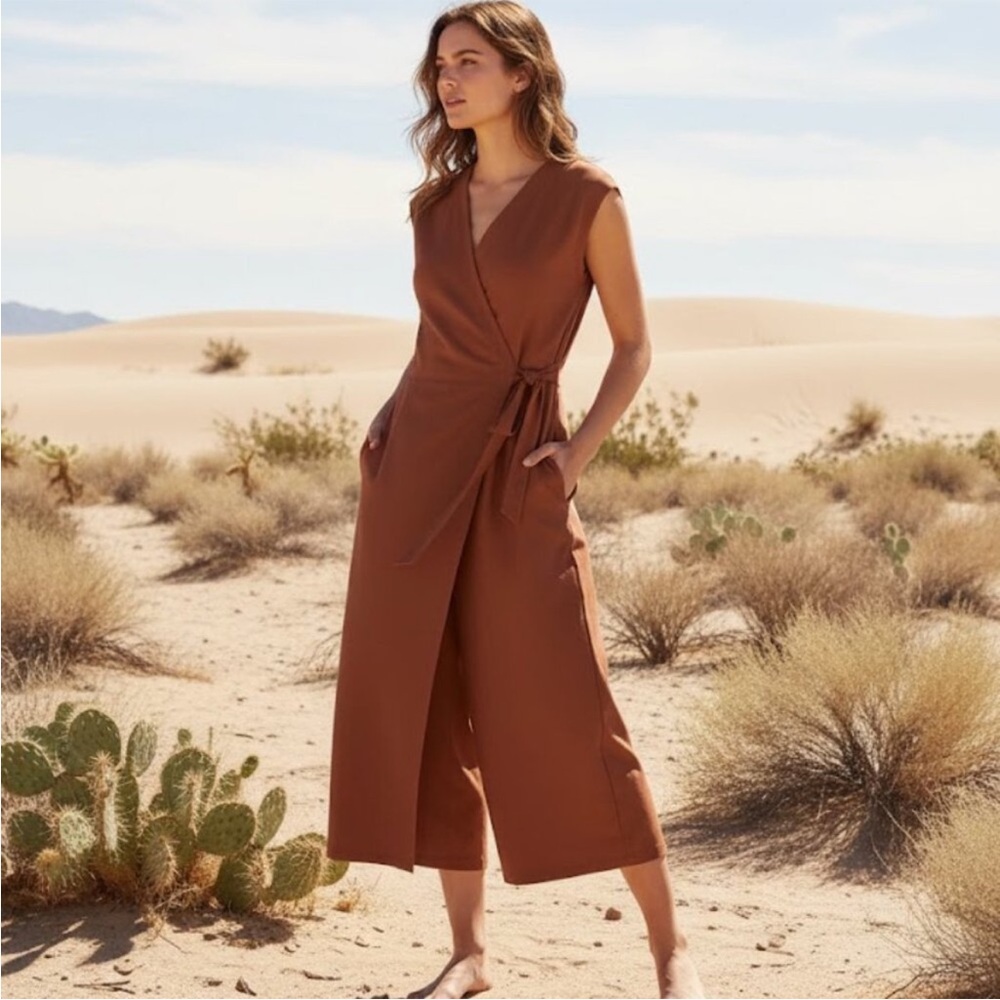 Eileen Fisher Sleeveless Wrap Jumpsuit in Warm Brown